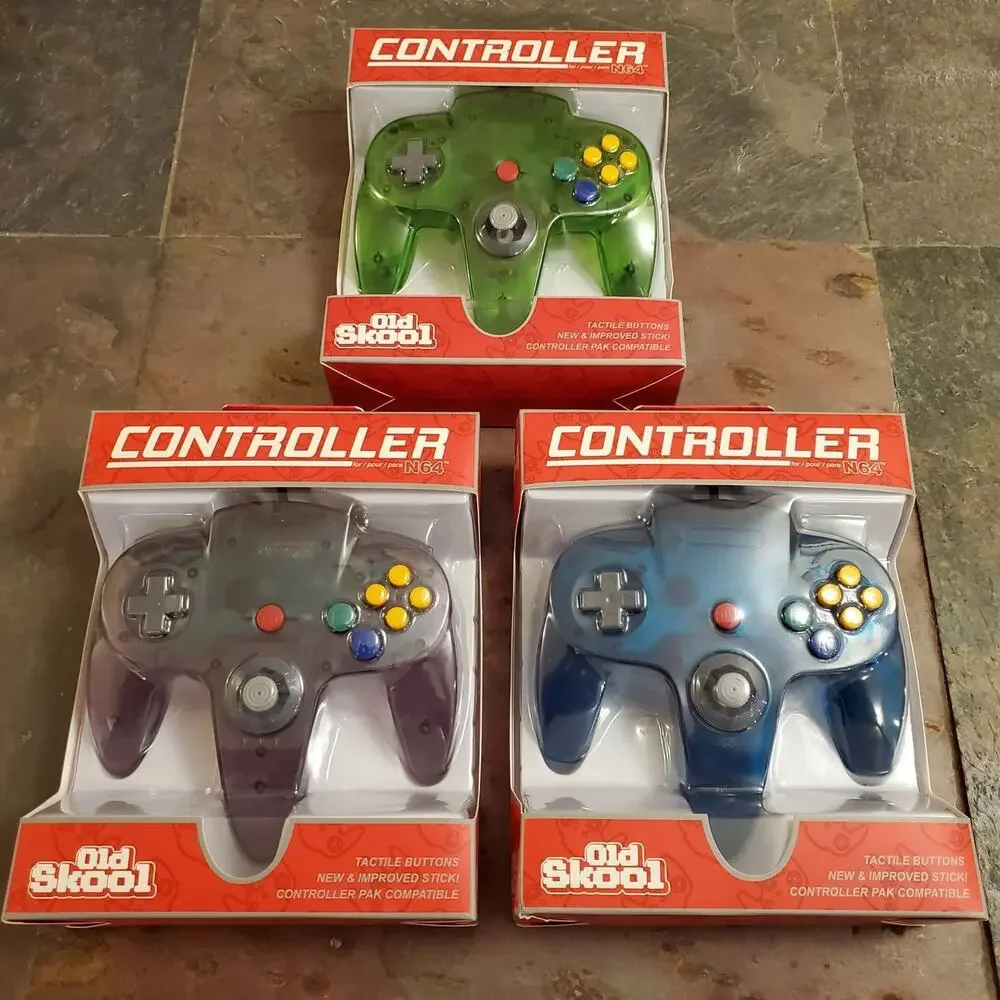 3 N64 Controllers, 3 Colors Bundle (NEW) Ice Blue, Jungle Green, Gold, Old Skool